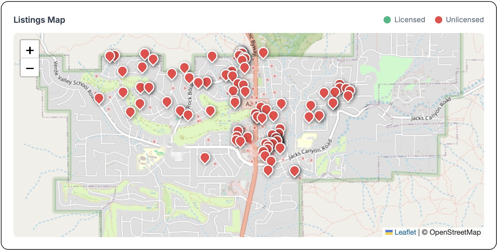 Map of a town boundary with short-term rental listings marked, from a live City Monitor town